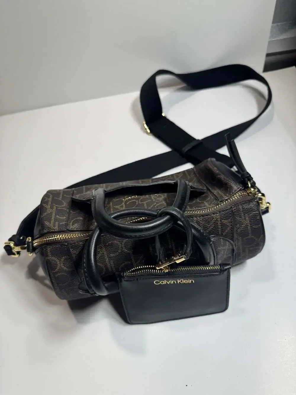 Calvin Klein Jett Monogram Logo Top Handle Satchel Crossbody Bag with Pouch